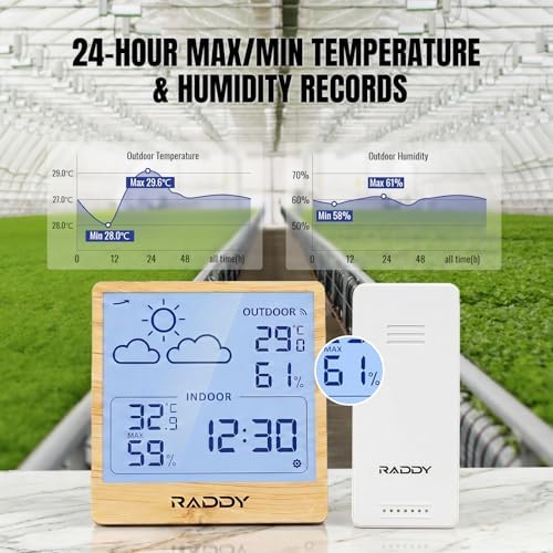 Raddy WF-50T Wireless Weather Station, Light Wood Frame