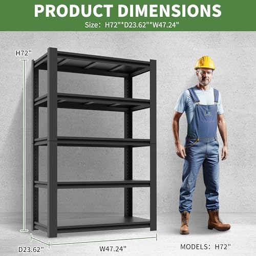 Garage Shelving,72" H Garage Shelves Heavy Duty, 3000Lbs 5 Tier Adjustable Garage Storage Shelves Suitable for Warehouse, Basement, Workshop,Require Assembly, 24" D*48" W *72" H(Black)