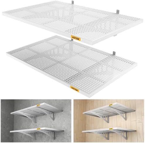 Aecxm 2-Pack 2x3ft Adjustable Garage Wall Shelving 560lbs Load Capacity Heavy Duty Wall Mounted Storage Shelf Metal Floating Shelves for Garage(White)