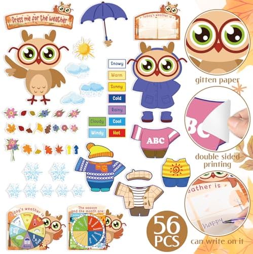 Ireer 56 Pieces Weather Bulletin Board Set for Preschool 12 x 8'' Animal Weather Chart for Classroom Dress up Seasonal Bulletin Board Cutout for Wall Blackboard Decorations (Owl)