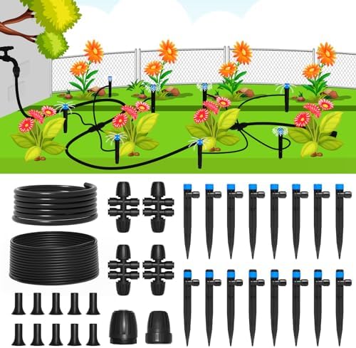 MIXC Drip Irrigation System,Quick Connector Garden Watering System Automatic Sprinkler System Kit for Lawn Raised Bed Greenhouse Plant Watering System (16FT Main Tube+ 79FT 1/4'' Tube)