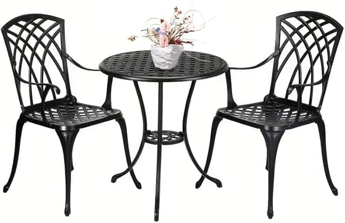 Bistro Patio Set 3 Piece,Cast Aluminum Bistro Table and Chairs Set of 2 with Umbrella Hole,All Weather Bistro Table Set for Yard Garden,Outdoor/Indoor Use,Black