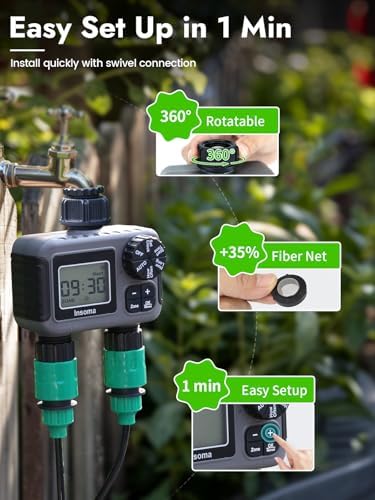 Insoma 2-Zone Sprinkler Timer, Programmable Garden Hose Timer with Auto/Manual/Rain Delay Modes | Water-Saving Irrigation Controller for Lawn, Yard & Drip Systems | Waterproof Design & Easy Setup