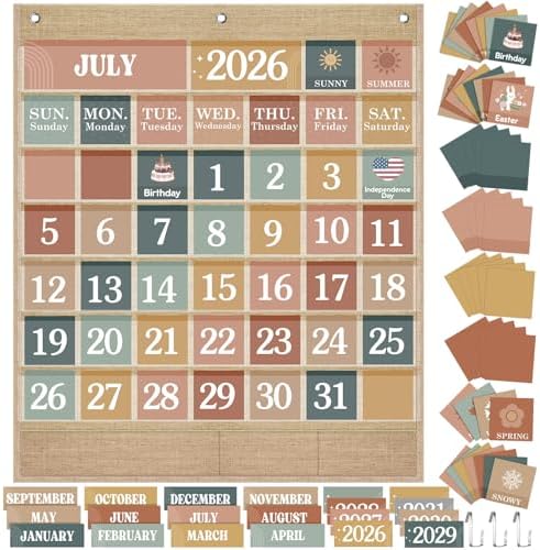 Sinload Classroom Calendar Pocket Chart Linen Color, Modern Boho