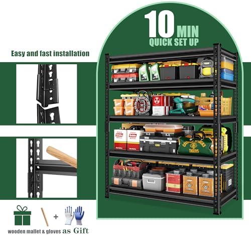 48" W Garage Shelving Heavy Duty，2500LBS Loads Adjustable Garage Storage Shelves, 5-Tier Metal Shelving Units and Storage Racks Heavy Duty, 48”W x 18”D x 78”H，Black…