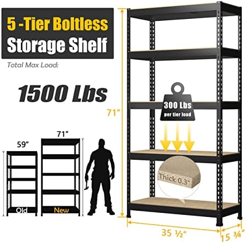 PrimeZone 71" H Heavy Duty Storage Shelves, 5 Tier Garage Shelving Unit