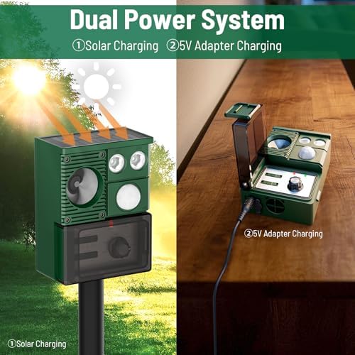 2-Pack Solar Animal Repeller Outdoor, Motion Activated Yard Guard Ultrasonic Deer Repellent Devices for Rabbits, Raccoons & Squirrels, Flashing Light & IP44 Waterproof Garden Animal Control