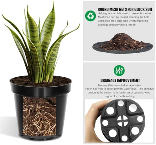 RooTrimmer 40 Pack 4 Inch Plant Nursery Pots with Mesh Pad, Sturdy Plastic Flower Planter Pots with Drainage Holes, Seed Starter Pots for Planting Seedings Cuttings Succulents Indoor Ourdoor, Black
