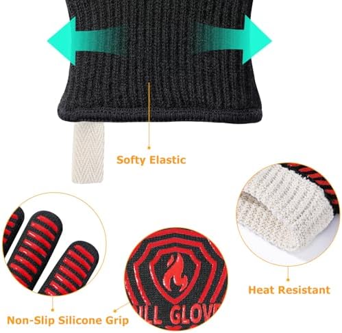 BBQ Gloves, BBQ Accessories 1472℉ Extreme Heat Resistant, Grilling Gloves Silicone Non-Slip Oven Mitts, Kitchen Gloves for BBQ, Grilling, Cooking, Baking-1 Pair 14inch
