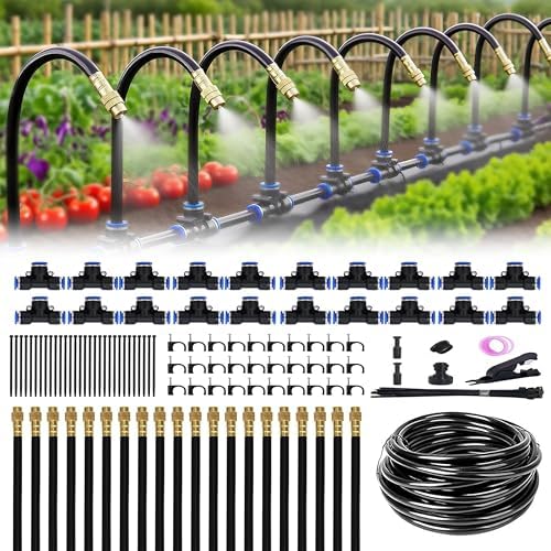 360° Adjustable Drip Irrigation System - 100FT Garden Watering System with 15 Nozzles, Garden Irrigation System, Greenhouse Accessories, Atomizing System for Yard, Lawn, Plants, 5/16 inch Hose