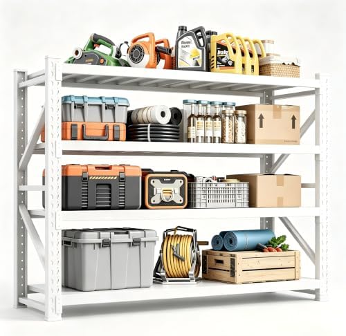 59" W Garage Storage Shelves,3000LBS Garage Shelving Heavy Duty Adjustable Shelving Unit,4 Tier Metal Utitly Shelves Industrial Shelving for Warehouses,Basement,White