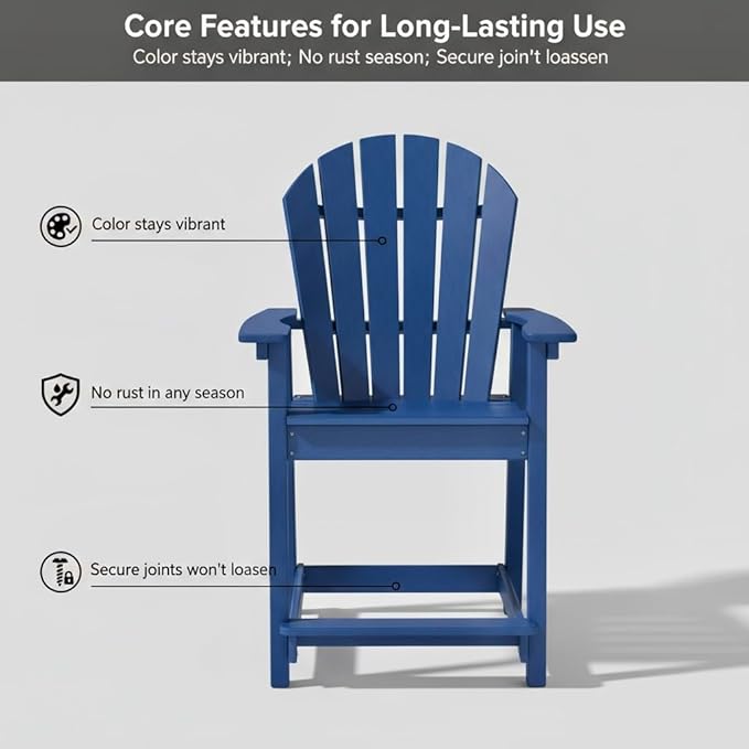OTSUN Outdoor Tall Adirondack Chairs Set of 6, Patio Bar Stool Chair with High Back, 400lbs, Widened Arms, All-Weather Balcony Chair for Backyard, Garden, Yard - Navy Blue