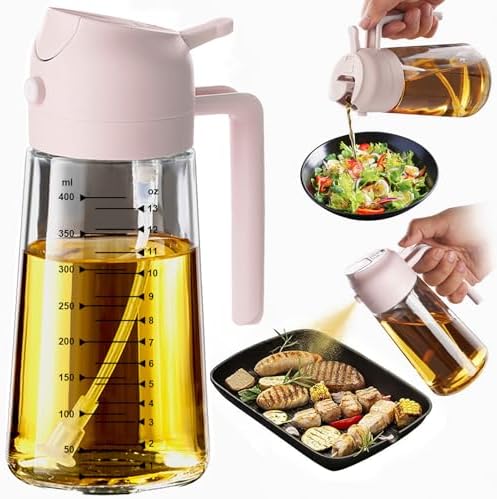 TrendPlain 16oz/470ml Glass Olive Oil Sprayer for Cooking - 2 in 1 Olive Oil Dispenser for Kitchen Gadgets, Air Fryer, Salad, and BBQ - Peach