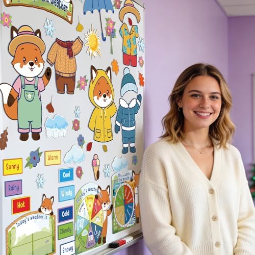 Gilprop 58 Pcs Dress for Weather Bulletin Board Set for Classroom, Fox