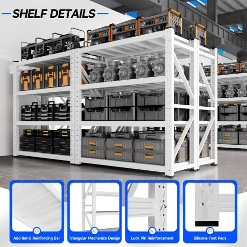 59" W Garage Storage Shelves,3000LBS Garage Shelving Heavy Duty Adjustable Shelving Unit,4 Tier Metal Utitly Shelves Industrial Shelving for Warehouses,Basement,White