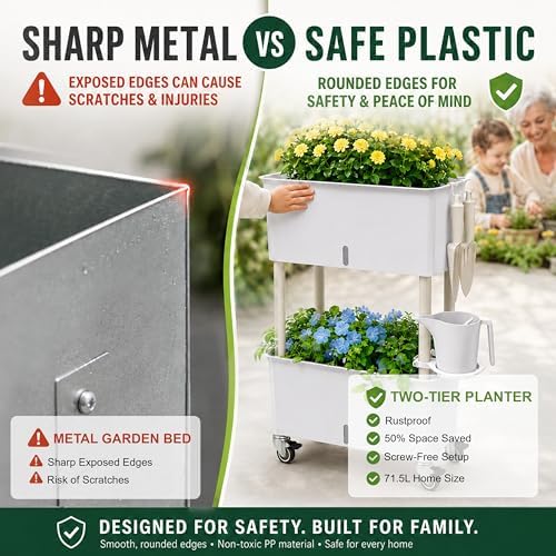 2-Tier 27.8"H Rolling Raised Garden Bed with Wheels, Self Watering Planter Box with Visible Water Level, Gray Rustproof Plastic Herb & Strawberry Planter for Indoor Outdoor Vegetables Flowers, DIY Kit