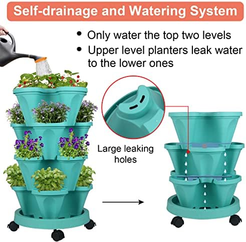 GameXcel Vertical Planter Tower - 4 Tier Stackable Garden Planters with Wheels and Tools Plant Pots for Strawberry Herb Flower and Vegetable Indoor Outdoor Use Teal