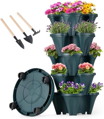 GameXcel Vertical Planter Tower - 5 Tier Stackable Garden Planters with Wheels and Tools Plant Pots for Strawberry Herb Flower and Vegetable Indoor Outdoor Use Green