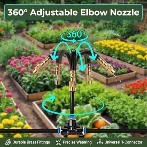 2026-Upgrade 100Ft 1/4" Drip Irrigation System,Garden Watering Kit with 20Pcs 360° Adjustable Copper Nozzles,Automatic Atomizing Sprinkler,DIY for Outdoor,Lawn,Greenhouse,Raised Beds (50FT/14pcs)
