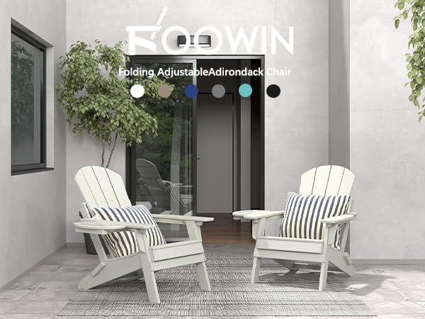FOOWIN Folding Adjustable Adirondack Chair Set of 6,HDPE Adirondack Chair w/4 in 1 Cup Holder Trays,All-Weather Resistant Fire Pit Chair, Outdoor Chair for Patio Lawn Poolside,400lbs,White