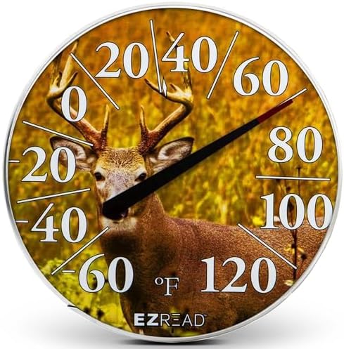 EZREAD Hanging Dial Thermometer 840-1217 Weather Thermometers for Indoor and Outdoor Use, Large 12.5 Inch Diameter, Easy to Read Numbers, Buck