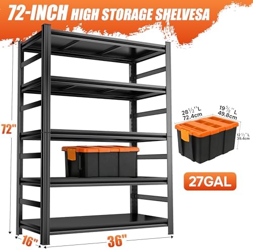 72''H Metal Garage Shelving Heavy Duty Storage Shelves Series, Large Industrial 5tier Shelving Unit for Basement, Business, Factories, Commercial, Warehouse and Workshop, with Side Retaining Bars