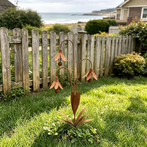 Triple Bluebells Garden Stake with Bell, Durable Metal Flower Outdoor Yard