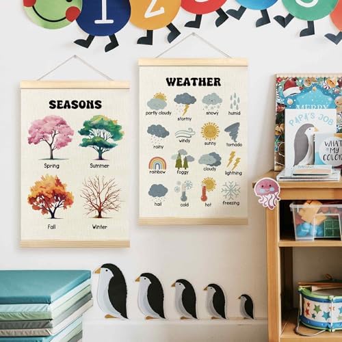 TLESKE 4 Seasons Weather Chart Poster Hanger Frame for Toddler Kid Classroom Set of 2, Homeschool Hanging Wall Art Decor for Nursery Playroom, Preschool Prek Learning Educational Poster, 16x24