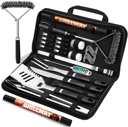 RINPIR 31pcs BBQ Grill Accessories Gifts for Men Dad, Heavy Duty Grilling Tools Gift Set for Father's Day, Stainless Steel BBQ Utensils Kit with Mats, Grill Brush in Carrying Bag Black