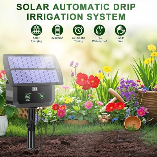 LCD Display Solar Drip Irrigation System Kit, 30 Working Modes & 10 Watering Interval Solar Powered Drip Irrigation Kit Supports 15 Potted Plants, 2200mAh Automatic Watering System for Garden