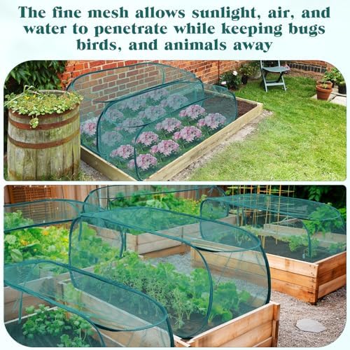 Threehoney 4 Pcs 39" x 18" x 16" Pop up Garden Mesh Plant Cover Outdoor Plant Protector Garden Row Raised Bed Cover with Ground Nails Crop Cage Net for Seedlings Vegetable Fruit Herbs (Dark Green)