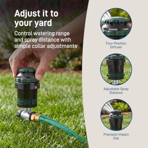 Orbit H2O-Six Gear-Drive Sprinkler on Metal T-Spike - Customizable Lawn Watering Coverage - Multi-Pattern Rotating Head with Adjustable Spray Range - Durable Outdoor Yard Irrigation Sprinkler - 58573