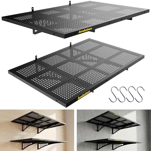 Avalution Garage Wall Shelving,2x3ft Garage Shelving Wall Mounted 2 Pack,Heavy Duty Wall Organizer Storage Shelf with Hooks,650lbs Capacity Floating Shelves for Laundry, Basement,Warehouse,Black