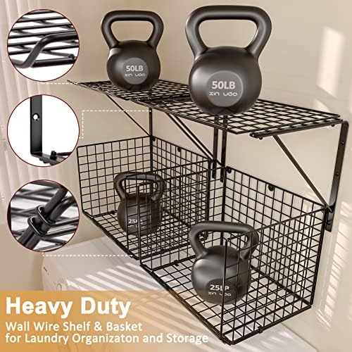 3IngSeagulls 2 Pack Laundry Room Shelves, Wire Baskets with 8 Hooks, Over Washer and Dryer Shelf, Wall Mounted Storage and Clothes Drying Rack, Black