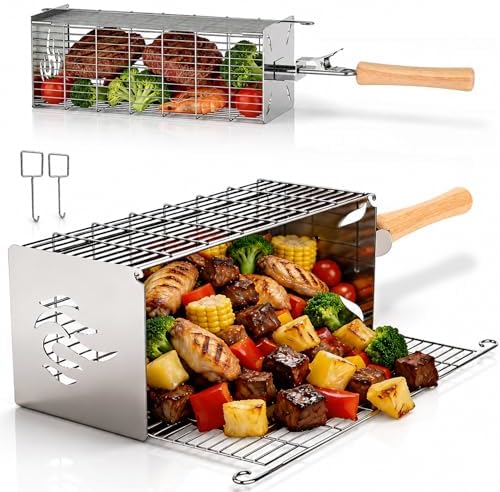 TNTOR Square Grill Basket, Larger 304 Stainless Steel Nesting Grilling Net, Removable Handle, BBQ Grilling Accessories Tools for Veg Shrimp, Outdoor Cooking Camping grilling gifts for men Dad Husband