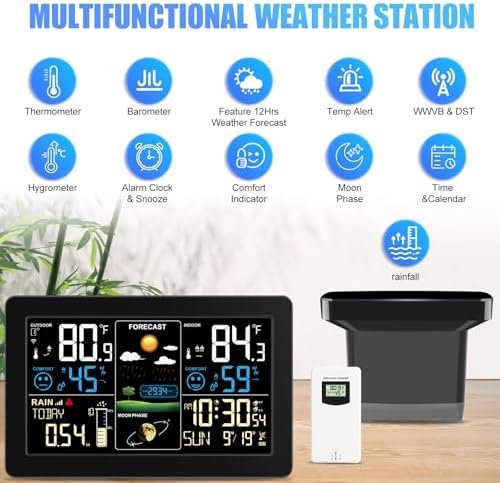 BIUWING Weather Station with Rain Gauge Outdoor, Home Weather Stations Wireless Indoor Outdoor with Digital Rain Gauges, Thermometer, Barometer, Hygrometer, Atomic Clock, Weather Forecast and Alerts