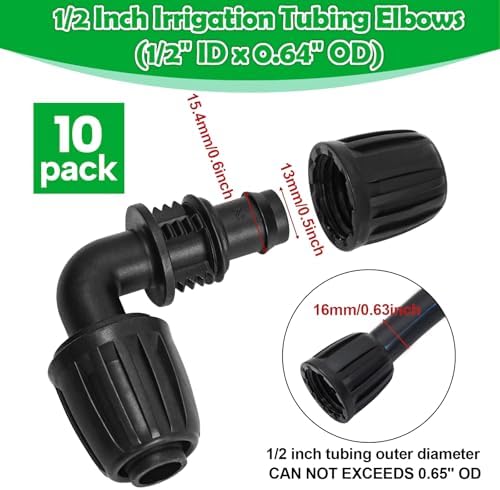 10 Pack 1/2 Inch Drip Irrigation Elbow Fittings (1/2" ID x 0.65" OD) - 1/2'' Drip Line Anti-Drop Barbed Lock Nut Elbow Connectors for 1/2 Inch Drip Irrigation Tubing for Irrigation System