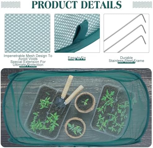 Threehoney 4 Pcs 39" x 18" x 16" Pop up Garden Mesh Plant Cover Outdoor Plant Protector Garden Row Raised Bed Cover with Ground Nails Crop Cage Net for Seedlings Vegetable Fruit Herbs (Dark Green)