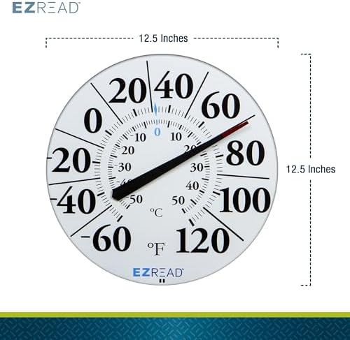 EZREAD Hanging Dial Thermometer 840-1210 Weather Thermometers for Indoor and Outdoor Use, Large 12.5 Inch Diameter, Easy to Read Numbers, Basic White