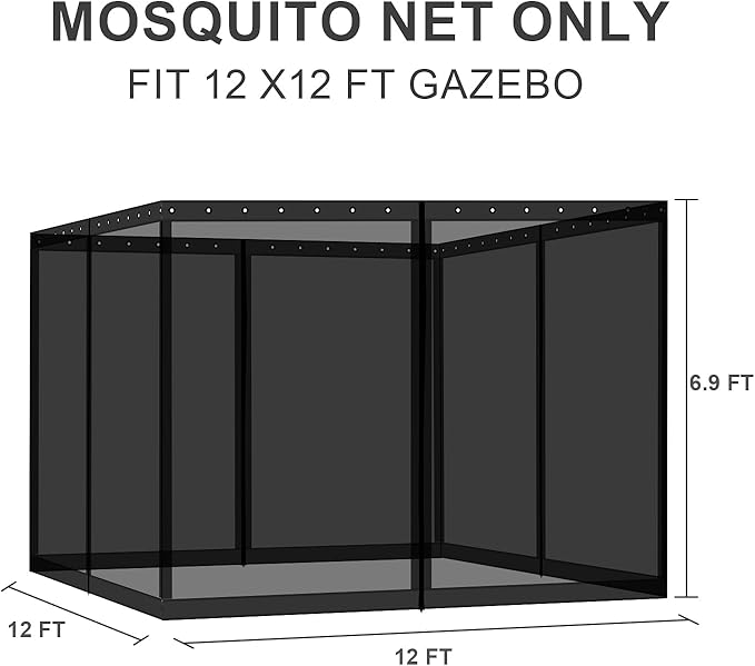 BPS 12' x 12' Gazebo Universal Mosquito Netting Screen Replacement, 4-Panel Screen Walls with Double Zippers for Outdoor Patio, Black (Mosquito Net Only)