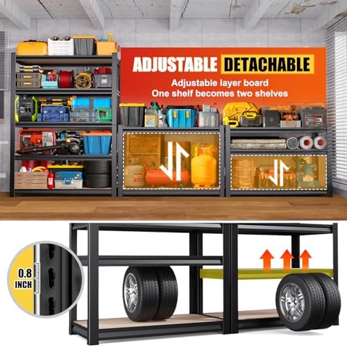 78"H Garage Shelving-2050 lbs 5 Tier Storage Shelves,Adjustable Heavy Duty Metal Shelving Unit and Storage Large Rack,Utility Steel Shelf for Warehouse Industrial Pantry Basement -78"x46"x20",Black