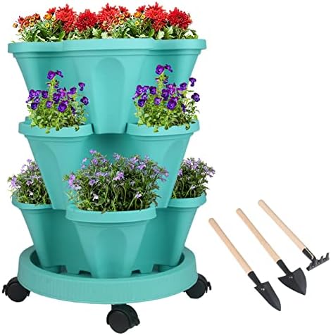 GameXcel Vertical Planter Tower - 3 Tier Stackable Garden Planters with Wheels and Tools Plant Pots for Strawberry Herb Flower and Vegetable Indoor Outdoor Use Teal