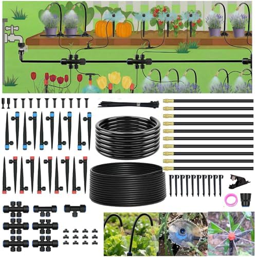 240FT Drip Irrigation System for Garden: 30 Nozzles 1/2" PE Tubing Automatic Watering Kit Adjustable Misting Sprinkler Mister 1/4" Hose for Water Plants Tape Raised Beds Lawn Outdoor Greenhouse