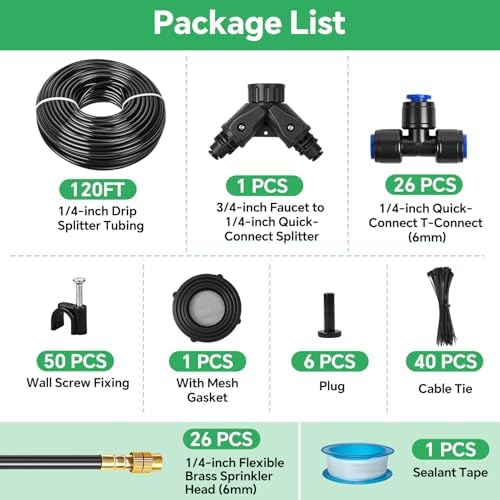 120Ft 1/4" Drip Irrigation System for Garden – 26 Adjustable Copper Nozzles, Automatic Atomizing Sprinkler System for Outdoor Plants Raised Bed, Yard, Potted Plants & Lawn