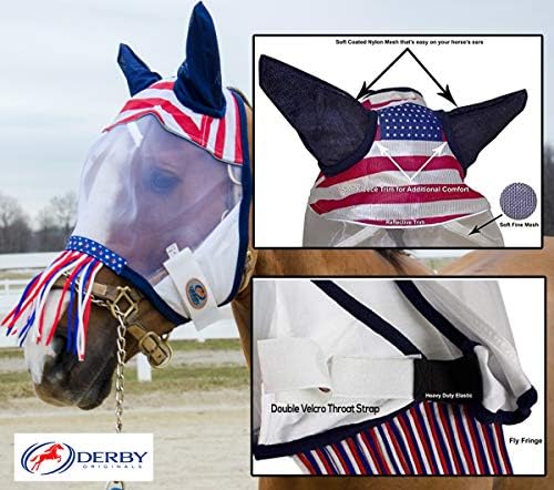 Derby Originals Patriotic Reflective Safety Horse Fly Mask with Ears and Nose Cover Fringes with 1 Year Warranty (White, (X-Large (Oversize/Warmblood))