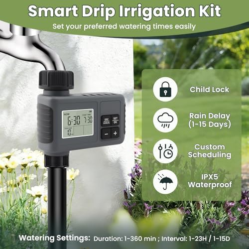 100FT Automatic Drip Irrigation Kits with Water Timer 360° Bendable Spray