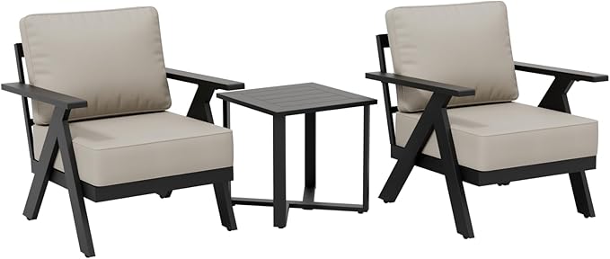 COOS BAY Iron Luxe Modern 3 Piece Outdoor Bistro Set, Patio Chairs and Side Table, Outdoor Seating Set for Balcony, Deck, Porch, or Garden, Black/Beige