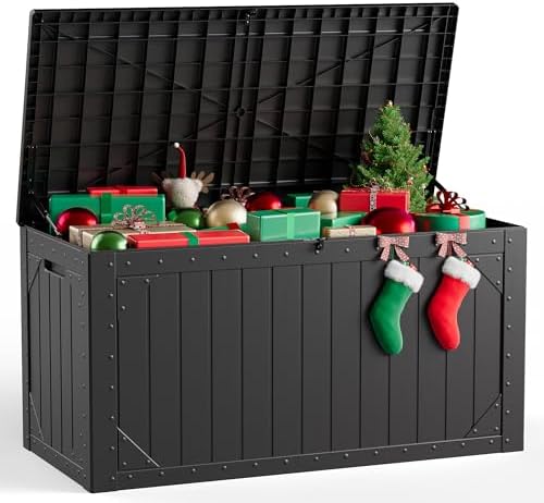 Outdoor Storage Box, 98 Gallon Deck Box, Outdoor Storage Bench, Waterproof Resin Storage Bench with Lockable Lid, Patio Furniture Cushions & Garden Tools Storage, UV Resistant (Black)