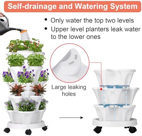 GameXcel Vertical Planter Tower - 5 Tier Stackable Garden Planters with Wheels and Tools Plant Pots for Strawberry Herb Flower and Vegetable Indoor Outdoor Use White