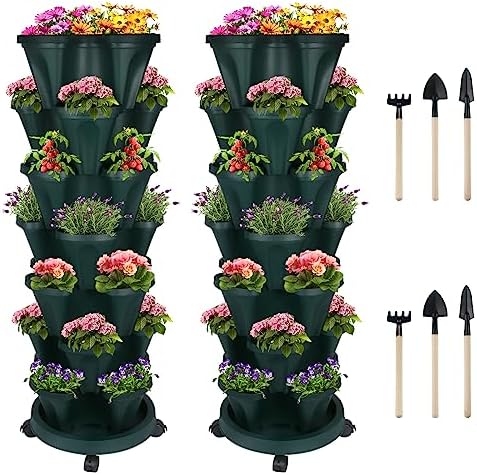 DUNCHATY Stackable Planter, Vertical Garden Planter with Wheels and Tools, Self Watering Strawberry Planter Indoor/Outdoor 7 Tier Herb Planter Pots for Growing Vegetables and Succulents,Pine Green